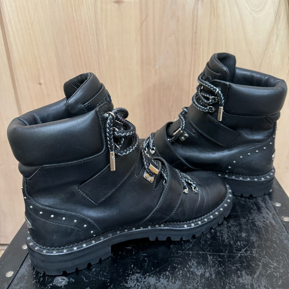 Jimmy Choo Calfskin Breeze Biker Combat Boots Sz 37.5 Black Moto Buckle Studded - Picture 13 of 16